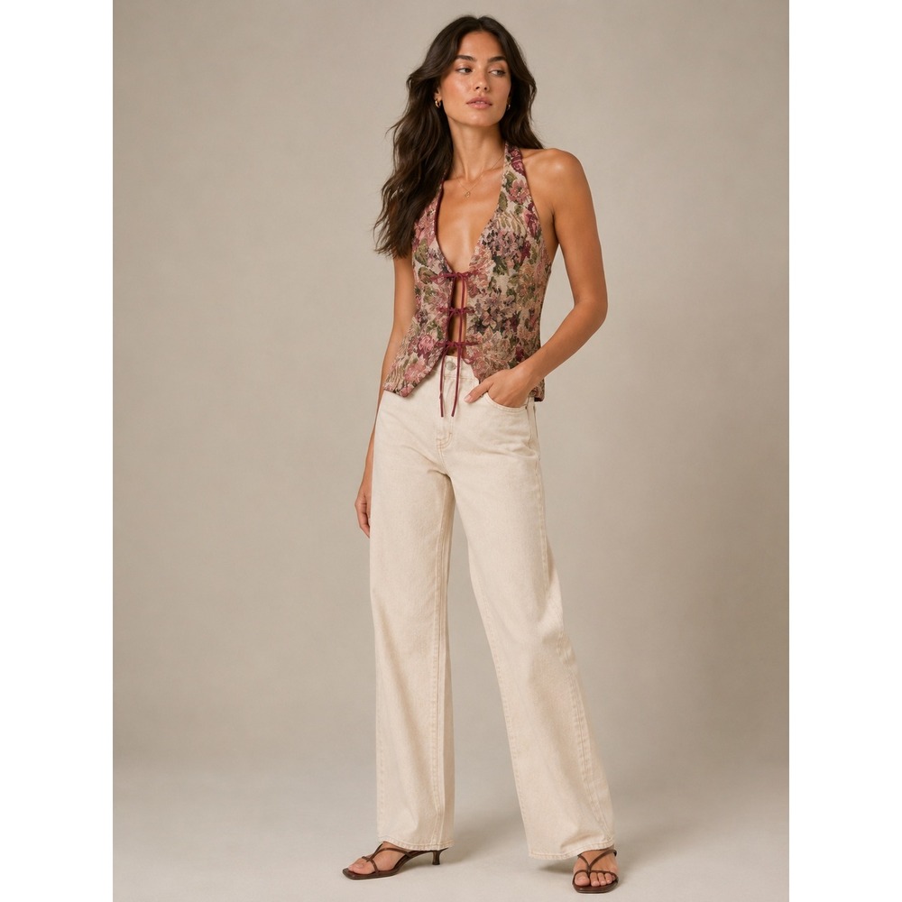 Tapestry Vest Top Women Large Pink Floral Halter Tie Front renaissance romantic